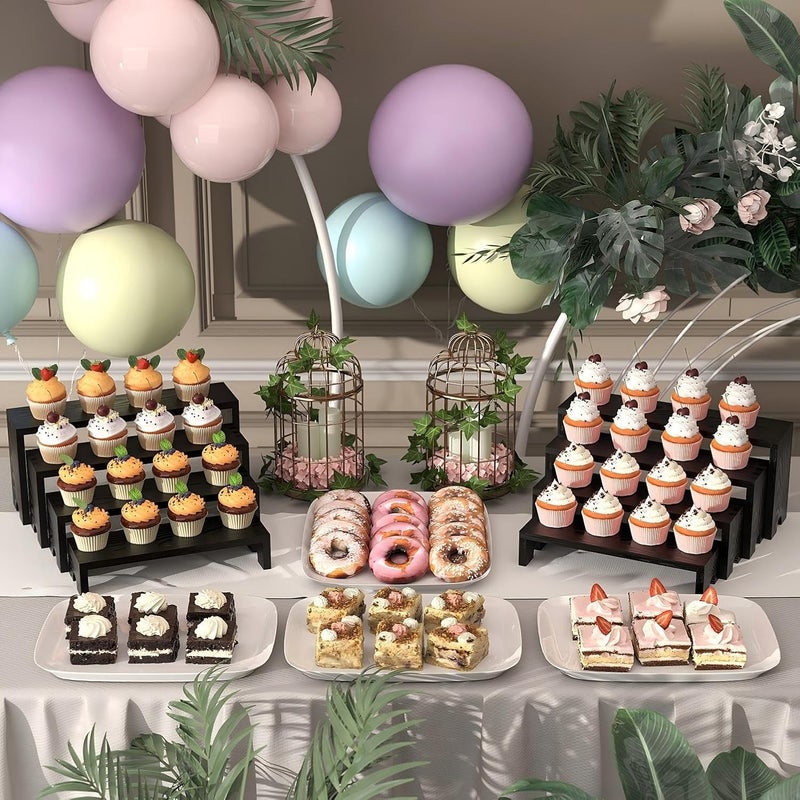 Vecxoty 4 Set Large Black Wooden Tiered Riser Display Stands for Vendor Events,Stackable Wooden Cupcake Stand,Farmhouse Decor Wood Dessert Table Display Set,Vendor Booth Display Items,Food Display Risers for Party（12-11.2-10.4-9.6IN） - Image 2